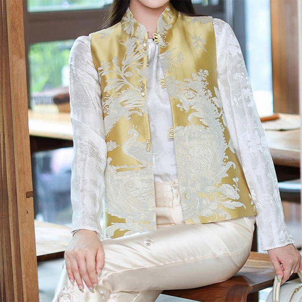 Buddha Stones Peacock Flower Pattern Tang Suit Design Vest Jacket