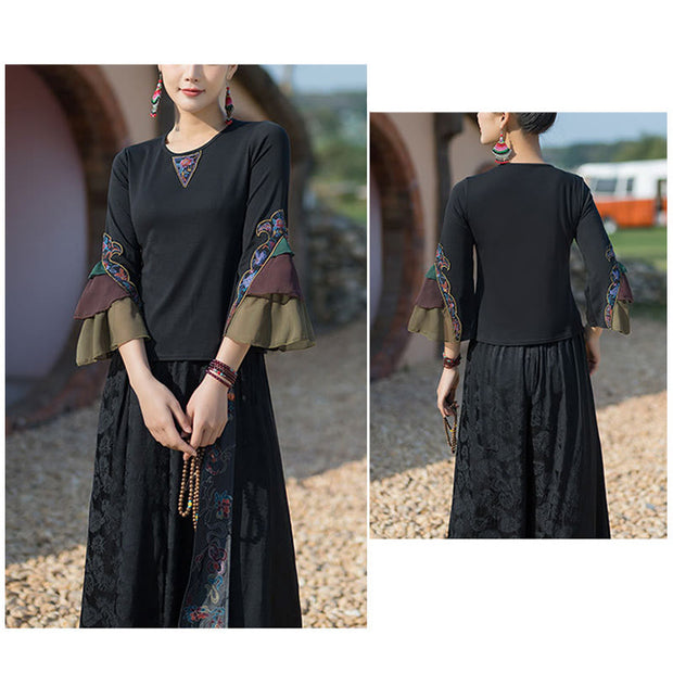 Buddha Stones Embroidery Flower T-shirt Three Quarter Bell Flare Sleeves Cotton Top Tee