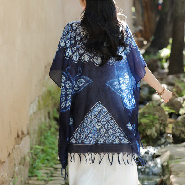 Buddha Stones Blue Butterfly Batik Shawl Tassels Cozy Travel Pullover 90*95cm 4