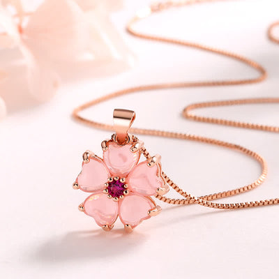Buddha Stones Pink Crystal Love Heart Flower Soothing Necklace Pendant