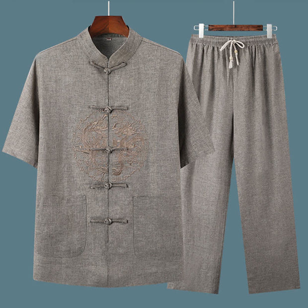 Buddha Stones Dragon Embroidery Pattern Tang Suit Short Sleeve Shirt Pants Men's Set Men's Meditation Cloth BS 3
