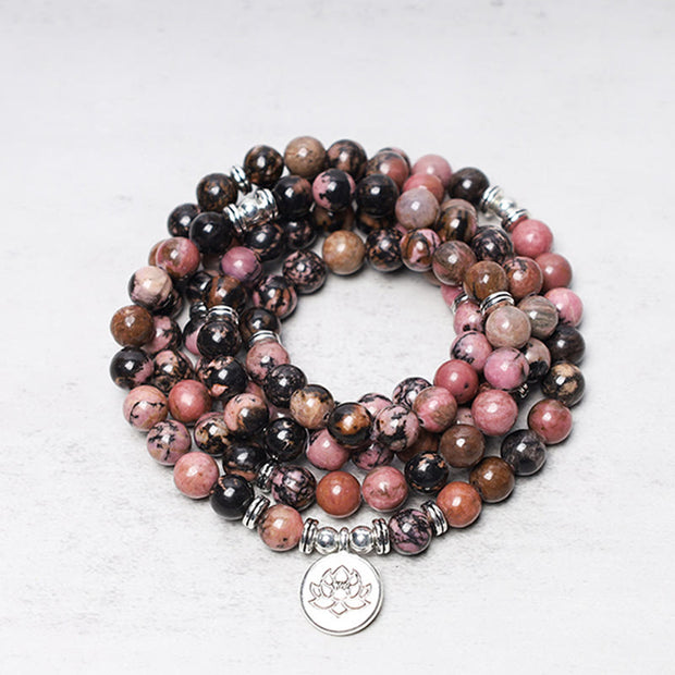 Buddha Stones 108 Mala Beads Rhodonite Lotus Compassion Energy Bracelet
