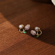 Buddha Stones Natural Pearl Tulip Flower Healing Necklace Pendant Bracelet Earrings Set Bracelet Necklaces & Pendants BS Earrings(925 Sterling Silver Posts)