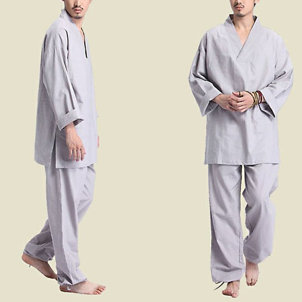 Buddha Stones Meditation Prayer V-neck Design Cotton Linen Spiritual Zen Practice Yoga Clothing Men's Set Clothes BS 10