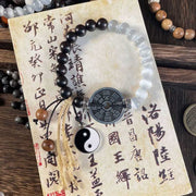 Buddha Stones Cat's Eye Ebony Wood Yin Yang Bagua Coin Support Rope Bracelet