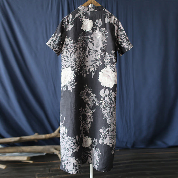 Buddha Stones Ramie Linen Blue Flowers Leaves Cheongsam Dresses Short Sleeve Dress 7