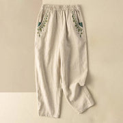 Buddha Stones Vintage Embroidery Elastic Waist Harem Pants With Pockets Harem Pants BS Apricot 4XL(Waist 70-130cm/Hips 125cm/Length 92cm)