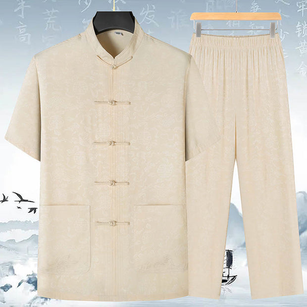 Buddha Stones Gourd Flower Leaves Tang Suit Short Sleeve Shirt Pants Clothing Men's Set Men's Meditation Cloth BS 12