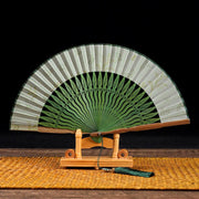 Buddha Stones Green Leaves Handheld Silk Bamboo Folding Fan 3