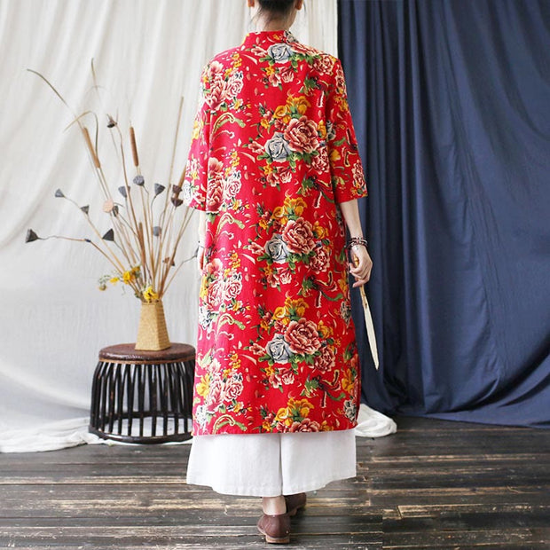 Buddha Stones Red Blue Peony Midi Dress Half Sleeve Cotton Linen Dress Wide Leg Pants With Pockets