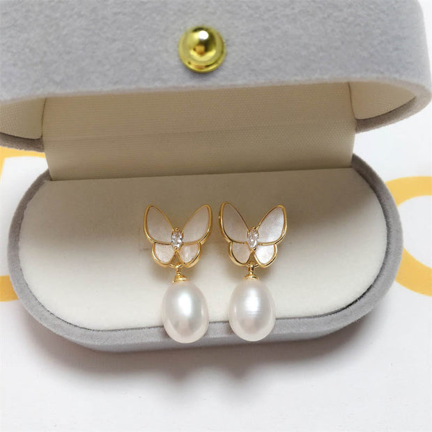 Buddha Stones 925 Sterling Silver Posts 18K Gold Plated Copper Pearl Butterfly Optimism Stud Earrings 4