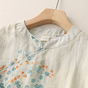 Buddha Stones Blue Flowers Orange Leaves Frog-Button Three Quarter Sleeve Cotton Linen Shirt Women's Shirts BS 2
