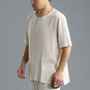 Buddha Stones Men's Solid Color Round Neck Short Sleeve Cotton Linen Shirt