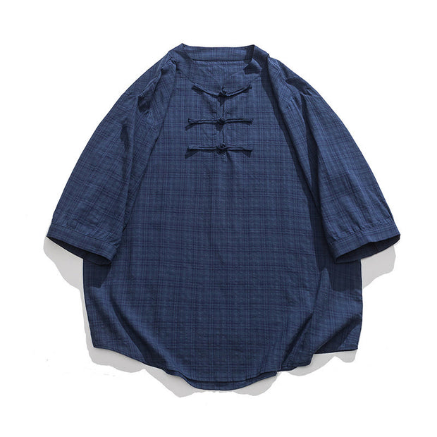 Buddha Stones Frog-Button Plaid Pattern Chinese Tang Suit Half Sleeve Shirt Cotton Linen Men Clothing Men's Shirts BS 9