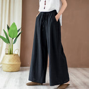 Buddha Stones Loose Cotton Linen Drawstring Wide Leg Pants With Pockets Wide Leg Pants BS Black L(Waist 69cm/Hips 120cm/Length 100cm)