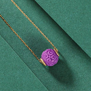 Buddha Stones 925 Sterling Silver Plated Gold Natural Purple Mica Stone Relief Bead Positive Necklace Pendant Bracelet Set