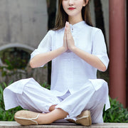 Buddha Stones 2Pcs Half Sleeve Shirt Top Pants Meditation Zen Tai Chi Linen Clothing Women's Set Women's Meditation Cloth BS 3