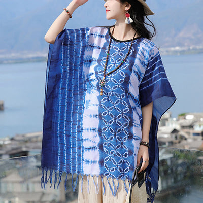 Buddha Stones Blue White Striped Indigo Dyeing Shawl Tassels Cozy Pullover 90*95cm 1