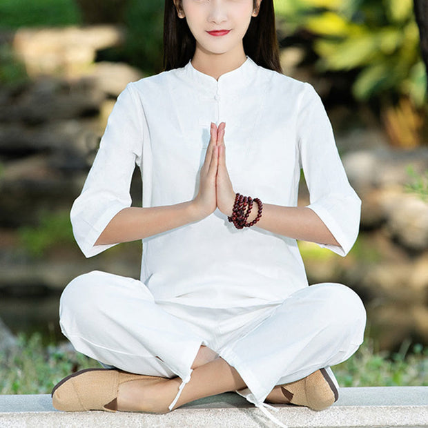 Buddha Stones 2Pcs Half Sleeve Shirt Top Pants Meditation Zen Tai Chi Cotton Linen Clothing Women's Set Women's Meditation Cloth BS White(Top&Pants) 2XL(Bust 108cm/Waist 72-108cm/Pants Length 102cm)