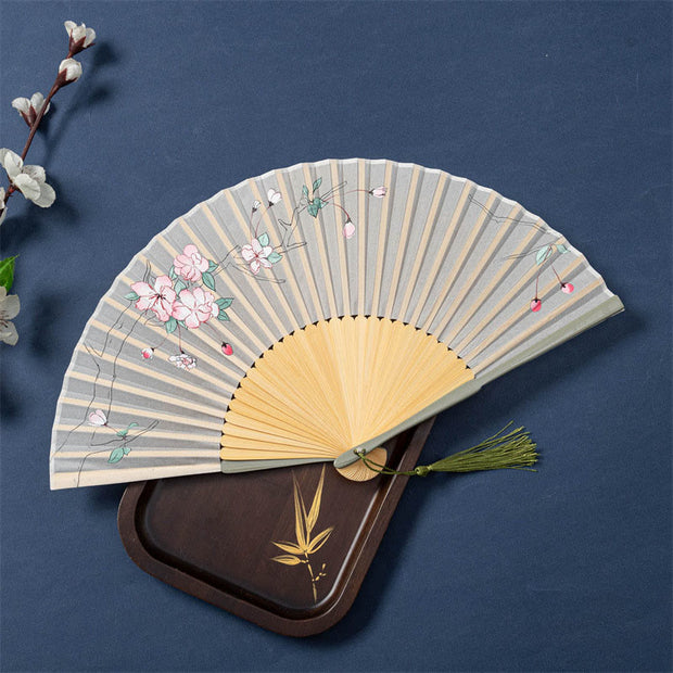  Buddha Stones Lotus Begonia Flower Jasmine Handheld Silk Bamboo Folding Fan 21cm 8