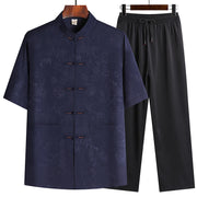 Buddha Stones Bamboo Peach Blossom Tang Suit Hanfu Traditional Uniform Short Sleeve Top Pants Clothing Men's Set Men's Meditation Cloth BS Navy Blue(Top&Pants) 42/3XL