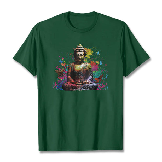 Buddha Stones Colorful Butterfly Flying Meditation Buddha Tee T-shirt T-Shirts BS ForestGreen 2XL