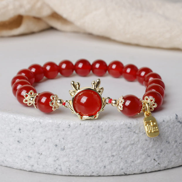Buddha Stones Year of the Dragon Red Agate Jade Peace Buckle Fu Character Success Bracelet Bracelet BS Red Agate Dragon Fu Character(Wrist Circumference 14-16cm)