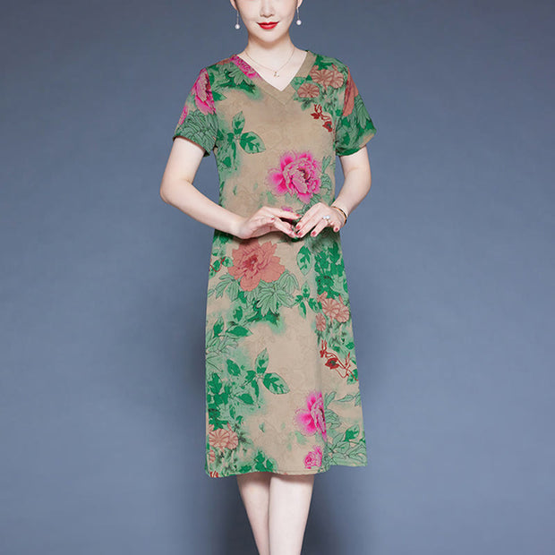 Buddha Stones V-Neck Green Red Peony Colorful Flowers Short Sleeve Midi Dress With Pockets