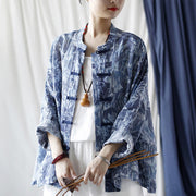 Buddha Stones Retro Blue White Flowers Frog-Button Design Long Sleeve Ramie Linen Jacket Shirt 28