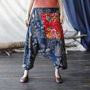 Buddha Stones Red Peony Blue Bamboo Chrysanthemum Patchwork Cotton Linen Harem Pants With Pockets 7
