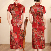 Buddha Stones Retro Flower Lotus Peony Feather Print Qipao Dress Women's Cheongsam Dress (Extra 30% Off | USE CODE: FS30) - Red Peony - Size Chart - image 0