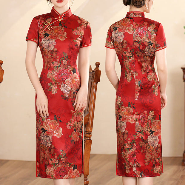 Buddha Stones Retro Flower Lotus Peony Feather Print Qipao Dress Women's Cheongsam Dress (Extra 30% Off | USE CODE: FS30) - Red Peony - Size Chart - image 0