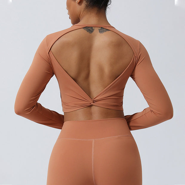 Buddha Stones Women Workout Long Sleeve Crisscross Backless Top Tee Leggings Sports Fitness Yoga Outfit