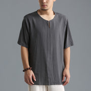 Buddha Stones Men's Solid Color Round Neck Short Sleeve Cotton Linen Shirt