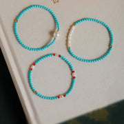 Buddha Stones Turquoise Red Agate Pearl Small Beaded Protection Bracelet