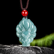 Buddha Stones Natural Green Jade Nine-Tailed Fox Luck Necklace Pendant Necklaces & Pendants BS Jade