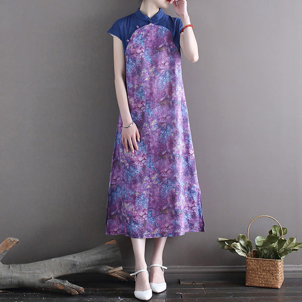 Buddha Stones Vintage Purple Flower Print Ramie Linen Cheongsam Midi Dress With Pockets Cheongsam Dresses BS 1