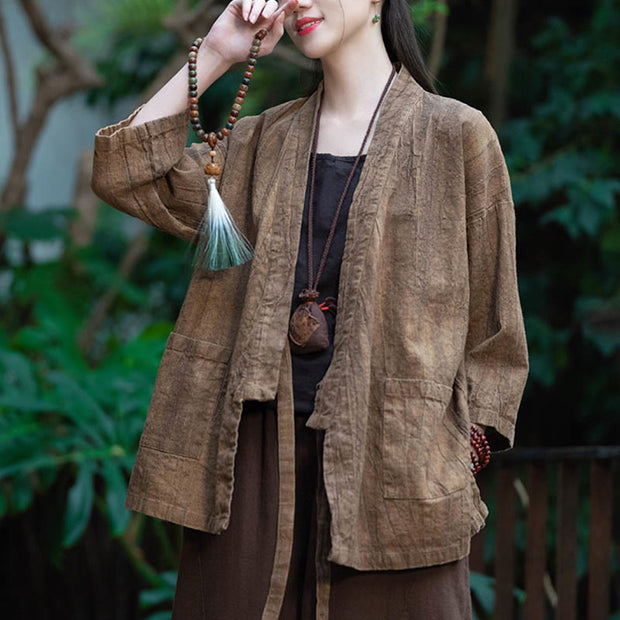 Buddha Stones Hanfu Design Three Quarter Sleeve Ramie Linen Coat Open Front Top Jacket