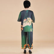 Buddha Stones Plus Size 2Pcs Yellow Green Ginkgo Leaves Loose Tee T-shirt Wide Leg Pants Set
