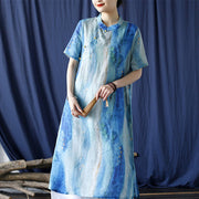 Buddha Stones Ramie Blue Digital Printing Cheongsam Dresses Short Sleeve Linen Dress 10