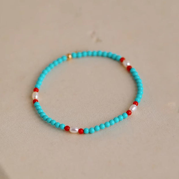 Buddha Stones Turquoise Red Agate Pearl Small Beaded Protection Bracelet
