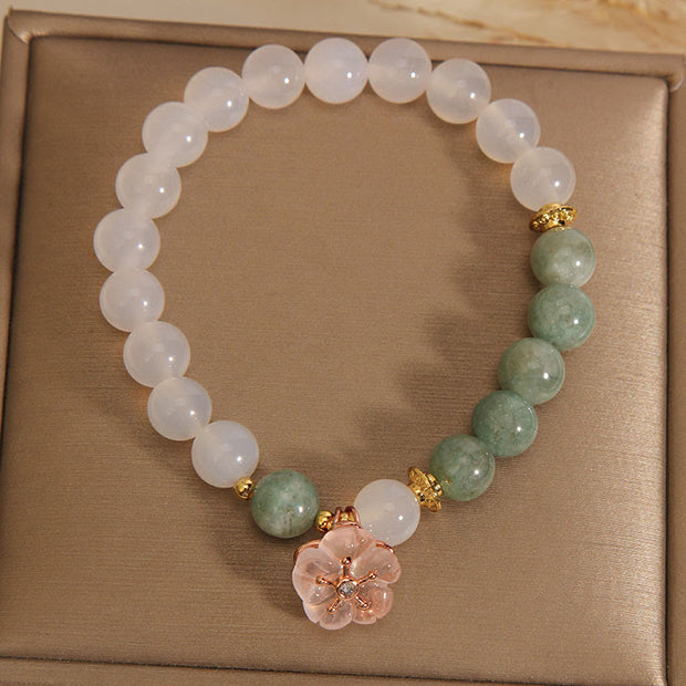 Buddha Stones White Agate Jade Flower Charm Luck Protection Bracelet