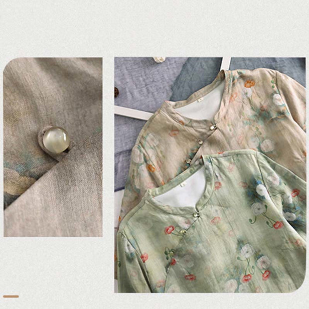 Buddha Stones Vintage Flowers Half Sleeve Ramie Linen Cheongsam Midi Dress With Pockets