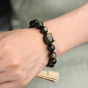 Buddha Stones Gold Sheen Obsidian Silver Sheen Obsidian Lovely Paw Lucky Cat Protection Bracelet