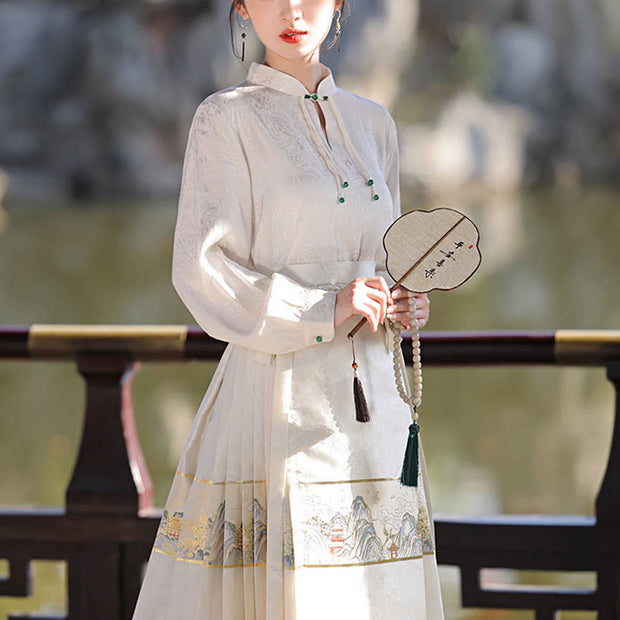 Buddha Stones Beige A Panorama of Rivers and Mountains Printed Chinese Hanfu Horse Face Skirt Mamianqun