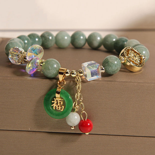 Buddha Stones Strawberry Quartz Jade Fu Character Charm Healing Bracelet Bracelet BS Jade(Wrist Circumference 14-16cm)