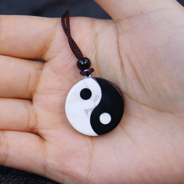 Buddha Stones Natural Black Obsidian White Turquoise Yin Yang Fulfilment Strength Necklace Pendant 7