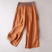 Buddha Stones Frog-button Embroidery Cotton Linen Straight Wide Leg Pants With Pockets Women's Wide Leg Pants BS Orange Red 3XL(Waist 82-104cm/Hips 124cm/Length 71cm)