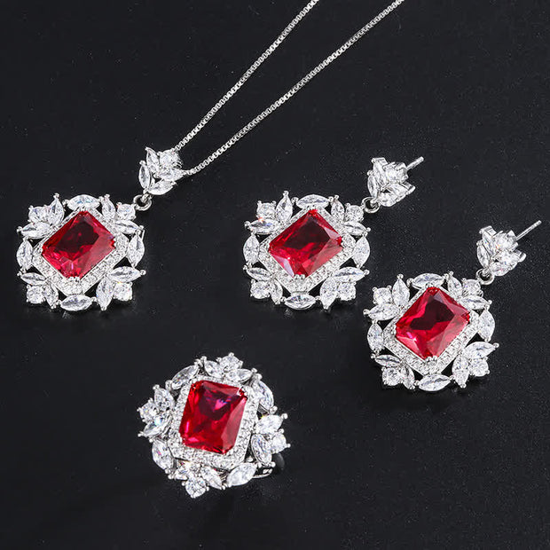 Buddha Stones Emerald Crystal Red Corundum Confidence Courage Ring Earrings Necklace Pendant Necklaces & Pendants BS Red Set (Ring+Necklace+Earrings)