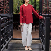 Buddha Stones Long Sleeve Jacket Shirt Top Wide Leg Pants Zen Tai Chi Yoga Meditation Clothing 2-Piece Outfit BS Red Top&White Pants XL